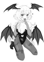 Rule 34 | 1girl, animal print, bat print, blush, braid, breasts, bridal gauntlets, clothing cutout, copyright request, cosplay, full body, greyscale, hair over shoulder, hands up, head wings, heart, heart cutout, high heels, highres, kneeling, leotard, long hair, looking at viewer, monochrome, morrigan aensland, morrigan aensland (cosplay), osame, pantyhose, simple background, small breasts, smile, solo, strapless, strapless leotard, tongue, tongue out, vampire (game), white background, wings