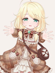Rule 34 | 1girl, :d, ahoge, bag, blonde hair, blush, bow, brooch, brown background, brown dress, commentary request, dress, dutch angle, green eyes, hair bow, idolmaster, idolmaster cinderella girls, jewelry, long hair, looking at viewer, open mouth, outstretched arms, plaid, plaid dress, shoulder bag, simple background, smile, solo, striped, striped bow, u2 (5798239), yusa kozue