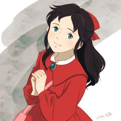 Rule 34 | 1girl, angeletta (romeo no aoi sora), black hair, blue eyes, bow, brooch, dated, dress, hair bow, jewelry, long hair, own hands together, red bow, red dress, romeo no aoi sora, sakai yume, solo