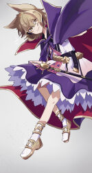 Rule 34 | 1girl, belt, brown eyes, cape, closed mouth, commentary, dagasitotaiyou, dated commentary, earmuffs, grey background, highres, light brown hair, looking at viewer, pointy hair, purple cape, purple skirt, short hair, simple background, skirt, solo, sword, touhou, toyosatomimi no miko, weapon