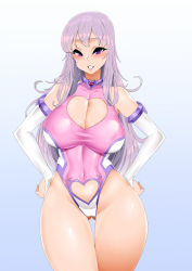 Rule 34 | 1girl, absurdres, bad id, bad pixiv id, bare shoulders, blush, breasts, cleavage, cleavage cutout, clothing cutout, covered navel, demon girl, elbow gloves, era (erasion), gloves, gluteal fold, grin, hands on own hips, highres, large breasts, leotard, long hair, looking at viewer, original, purple eyes, purple hair, smile, solo, demon girl, white gloves