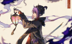 Rule 34 | 1girl, arknights, beanie, black coat, black hat, black scarf, character doll, chinese commentary, closed mouth, coat, cowboy shot, dadijiji, demon horns, dress, female focus, from side, gradient hair, hat, hibiscus (arknights), hibiscus (night watcher) (arknights), highres, holding, holding lantern, holding staff, horns, lantern, lava (arknights), medium hair, multicolored hair, official alternate costume, pointy ears, profile, purple eyes, purple hair, red dress, red hair, scarf, simple background, smile, smoke, solo, staff, two-tone hair, white background