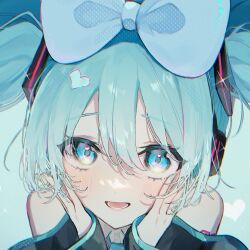 Rule 34 | 1girl, aqua eyes, aqua hair, aqua nails, arm tattoo, blush, bow, cinnamiku, close-up, commentary, detached sleeves, gradient eyes, green eyes, hair between eyes, hair bow, hatsune miku, heart, heart in eye, looking at viewer, multicolored eyes, necojishi, open mouth, portrait, solo, symbol-only commentary, symbol in eye, tattoo, twintails, twitter suki, vocaloid