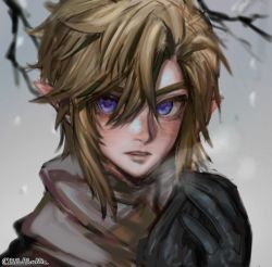 Rule 34 | 1boy, alternate costume, bibabunie, black gloves, blue eyes, blush, branch, breath, gloves, hair between eyes, highres, light brown hair, link, male focus, nintendo, own hands together, parted lips, pointy ears, portrait, scarf, snowing, solo, the legend of zelda, the legend of zelda: twilight princess, twitter username