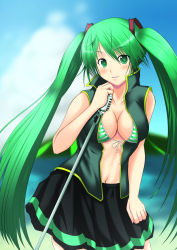 Rule 34 | 1girl, absurdres, bad id, bad pixiv id, bikini, blush, breasts, cleavage, cloud, day, green eyes, green hair, h@lki (sirakawa-haru), hatsune miku, highres, large breasts, long hair, looking at viewer, matching hair/eyes, microphone, microphone stand, navel, open clothes, open shirt, shirt, skirt, sky, solo, striped bikini, striped clothes, swimsuit, twintails, very long hair, vocaloid
