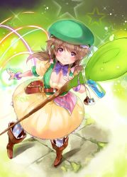 Rule 34 | bag, boots, bottle, bracelet, breasts, brown hair, denizen tomo, hair ribbon, hat, highres, jewelry, large breasts, looking at viewer, original, purple eyes, ribbon, short twintails, skirt, solo, staff, star (symbol), striped legwear, twintails, wizard