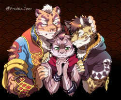 Rule 34 | 3boys, animal ears, animal print, brown hair, cat nose, chest tuft, commentary, crying, english commentary, closed eyes, fingerless gloves, fluffy, fruitz (fruitzjam), furry, furry male, gloves, green eyes, hand on another&#039;s head, hand on another&#039;s shoulder, highres, leopard boy, leopard ears, leopard print, lin hu (nekojishi), multiple boys, nekojishi, own hands clasped, own hands together, tassel, tears, tiger boy, tiger ears, white hair, wristband