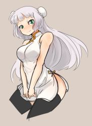 Rule 34 | 1girl, artist request, bare shoulders, black thighhighs, breasts, china dress, chinese clothes, dress, green eyes, gundam, gundam exa, long hair, looking at viewer, medium breasts, silver hair, smile, solo, sthesia awar, thighhighs