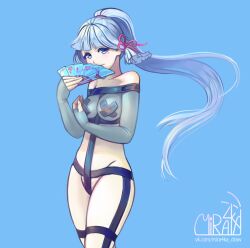 Rule 34 | 1girl, alternate costume, ayaka (genshin impact), bare shoulders, blue background, blue eyes, blue hair, blush, breasts, commentary, cowboy shot, fingerless gloves, folding fan, genshin impact, gloves, groin, hair ribbon, hand fan, highres, holding, holding fan, long hair, looking at viewer, miramarin, mole, mole under eye, off-shoulder shirt, off shoulder, pasties, pink ribbon, ponytail, ribbon, see-through, see-through shirt, shirt, simple background, small breasts, solo, standing, tape, tape on nipples, thighs, very long hair