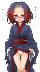 Rule 34 | 1girl, black hair, blonde hair, blue eyes, blue kimono, blush, clothes lift, feet out of frame, forehead, japanese clothes, kimono, kimono lift, knees together feet apart, lifting own clothes, long sleeves, looking at viewer, multicolored hair, nose blush, obi, open mouth, original, panties, red hair, sakuen, sash, simple background, sleeves past wrists, solo, translation request, two-tone hair, underwear, wacho (nanto wachou ken), white background, white panties, wide sleeves