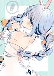 Rule 34 | 1girl, animal ear fluff, animal ears, arm cuffs, back, backless outfit, bad id, bad twitter id, black leotard, blue background, blue hair, blush, braid, breasts, carrot hair ornament, commentary, cowboy shot, don-chan (usada pekora), dress, food-themed hair ornament, fur-trimmed dress, fur scarf, fur trim, hair ornament, hair ribbon, highres, hololive, leotard, light blue hair, long hair, looking at viewer, looking back, multicolored hair, off-shoulder dress, off shoulder, open mouth, playboy bunny, rabbit ears, rabbit girl, rabbit tail, red eyes, ribbon, simple background, small breasts, solo, spoken object, tail, tress ribbon, twin braids, twintails, two-tone hair, usada pekora, usada pekora (1st costume), virtual youtuber, white background, white dress, white hair, yu yu