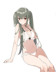 Rule 34 | 1girl, aiko (kanl), arm support, bikini, braid, breasts, cleavage, frill trim, frills, green hair, hair ornament, hair over shoulder, hairclip, hand up, large breasts, long hair, navel, original, parted lips, red eyes, simple background, sitting, solo, swimsuit, tsurime, twin braids, twintails, unfinished, white background, white bikini