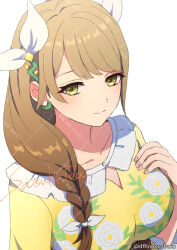 Rule 34 | 1girl, braid, brown eyes, brown hair, closed mouth, dfhnokenbutu, dress, fire emblem, fire emblem engage, floral print, goldmary (fire emblem), hair ornament, hair ribbon, hand on own chest, highres, light smile, long hair, looking at viewer, nintendo, official alternate costume, ribbon, side braid, signature, single braid, solo, white background, white ribbon