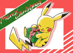 Rule 34 | :d, box, christmas, closed eyes, commentary request, creatures (company), game freak, gen 1 pokemon, gift, gift box, happy, holding, holding gift, mabu (dorisuto), merry christmas, nintendo, no humans, open mouth, pikachu, pokemon, pokemon (creature), ribbon, smile, solo, striped ribbon