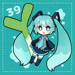Rule 34 | 1girl, 39, absurdres, black skirt, black thighhighs, blue background, blue footwear, blue hair, blue necktie, blue skirt, blush, chibi, commentary, detached sleeves, hair ornament, hatsune miku, highres, looking at viewer, miku day, necktie, open mouth, ribbon, skirt, solo, spring onion, thighhighs, twintails, u inu udon, vocaloid