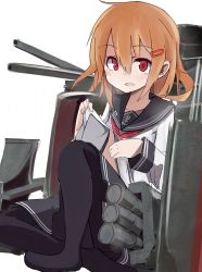 Rule 34 | 10s, 1girl, black legwear, black skirt, brown eyes, brown hair, clothes lift, hair ornament, hairclip, highres, hizakozouzu, ikazuchi (kancolle), kantai collection, long sleeves, looking at viewer, machinery, neckerchief, no shoes, open mouth, pleated skirt, red neckerchief, sailor collar, school uniform, serafuku, shirt lift, short hair, simple background, sitting, skirt, solo, white background