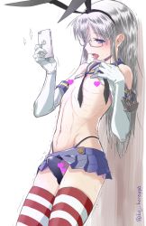 Rule 34 | 1boy, animal ears, blue eyes, blue skirt, blush, bulge, cellphone, censored, censored nipples, character request, cosplay, crossdressing, elbow gloves, erection, erection under clothes, fake animal ears, glasses, gloves, highleg, highleg panties, highres, holding, holding phone, kantai collection, karappa, long hair, male focus, microskirt, navel, open mouth, panties, phone, pleated skirt, rabbit ears, shimakaze-kun, shimakaze (kancolle), shimakaze (kancolle) (cosplay), silver hair, skirt, smartphone, solo, striped clothes, striped thighhighs, thighhighs, tongue, tongue out, trap, trembling, underwear, white gloves