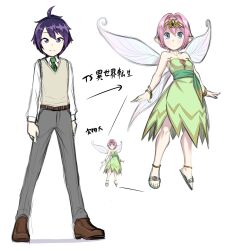 Rule 34 | 1boy, 1girl, ahoge, before and after, blue eyes, bracelet, breasts, dress, fairy, fairy wings, full body, genderswap, genderswap (mtf), green dress, green necktie, hair ornament, happy, highres, jewelry, kiyoshi2431, looking at viewer, mini person, minigirl, monsterification, necktie, original, pants, pink hair, pointy ears, purple eyes, purple hair, sandals, sash, school uniform, short hair, simple background, size comparison, size difference, sketch, small breasts, smile, standing, strapless, sweater vest, tiara, transformation, translation request, white background, wings