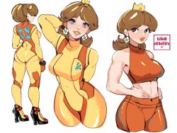 Rule 34 | 1girl, ass, blue eyes, body writing, breasts, brown hair, cosplay, crop top, crown, earrings, flower earrings, hands on own hips, high heels, highres, jewelry, kamii momoru, lipstick, looking at viewer, makeup, mario (series), metroid, metroid: zero mission, nintendo, pantyhose, princess daisy, short hair, shorts, simple background, super mario land, super smash bros., thighs, tomboy, white background, zero suit
