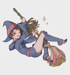 Rule 34 | 1girl, absurdres, boots, broom, broom riding, brown eyes, brown hair, commentary, diamond (shape), dress, english commentary, floating hair, grey background, hat, highres, holding, holding broom, kagari atsuko, knee boots, little witch academia, long hair, looking to the side, luna nova school uniform, one eye closed, open mouth, purple dress, purple footwear, purple hat, red ribbon, ribbon, school uniform, simple background, solo, teeth, upper teeth only, witch, witch hat, wonemie