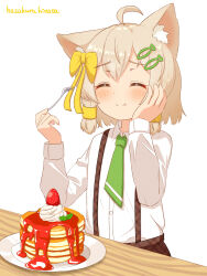 Rule 34 | 1girl, :t, ^ ^, absurdres, ahoge, animal ear fluff, animal ears, blonde hair, blush, bow, brown skirt, buttons, cat ears, cat girl, chewing, closed eyes, closed mouth, collared shirt, cream, eating, female focus, fish hair ornament, food, fork, fruit, green necktie, hair bow, hair ornament, hairclip, hand on own cheek, hand on own face, hands up, happy, hazakura hinata, highres, holding, holding fork, long sleeves, mint, necktie, original, pancake, pancake stack, plaid, plaid skirt, plate, raised eyebrows, school uniform, shirt, shirt tucked in, short hair, sidelocks, simple background, skirt, smile, solo, split mouth, strawberry, suspender skirt, suspenders, syrup, table, white background, white shirt, yellow bow