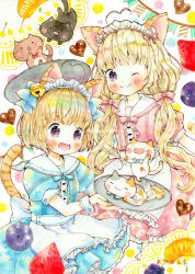 Rule 34 | 2girls, ahoge, animal ear fluff, animal ears, bell, blonde hair, blush, bow, cat, cat ears, cat girl, cat tail, dress, emo (mikan), frilled dress, frills, hair bell, hair bow, hair ornament, heart, holding, holding plate, light blue dress, long hair, maid headdress, multiple girls, one eye closed, open mouth, original, painting (medium), pink bow, pink dress, plate, sailor dress, sample watermark, short hair, short sleeves, smile, tail, traditional media, twintails, watercolor (medium), watermark, wrist cuffs