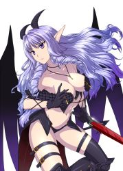 Rule 34 | 1girl, armor, armpits, bad id, bad pixiv id, bare shoulders, bikini armor, black gloves, black thighhighs, breasts, buckle, cleavage, cross-laced clothes, demon girl, demon wings, drill hair, floating hair, gloves, hair intakes, holding, holding weapon, horns, jewelry, knee pads, large breasts, light purple hair, long hair, long pointy ears, looking to the side, navel, necklace, off shoulder, pale skin, pendant, pointy ears, purple eyes, purple hair, revealing clothes, rinkou no lemuria, showgirl skirt, sidelocks, sienna (lemuria), skindentation, skirt, solo, standing, strapless, sword, thigh strap, thighhighs, tokitaka (amaterath), tube top, twin drills, very long hair, wavy hair, weapon, wings