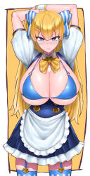 Rule 34 | 1girl, absurdres, apron, arms behind head, bikini, blonde hair, blue bikini, blue eyes, blush, borrowed character, bow, bowtie, breastless clothes, breasts, breasts out, cleavage, garter straps, hair ornament, hair ribbon, heart, highres, huge breasts, lina (michihasu), long hair, looking at viewer, open mouth, original, ribbon, skindentation, solo, striped clothes, striped thighhighs, sweatdrop, swimsuit, thighhighs, wolffeld price