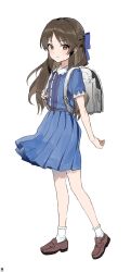 Rule 34 | 1girl, backpack, bag, bare legs, blue dress, blush, bow, brown footwear, brown hair, dohyo123123, dress, full body, grey bag, hair bow, half updo, highres, holding strap, idolmaster, idolmaster cinderella girls, loafers, long hair, looking at viewer, pleated dress, puffy short sleeves, puffy sleeves, randoseru, shoes, short sleeves, simple background, solo, tachi-e, tachibana arisu, very long hair, white background