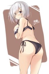 Rule 34 | 10s, 1girl, 2016, ass, black bra, black panties, blue eyes, blush, bra, breast hold, breasts, dated, eyes visible through hair, hair ornament, hair over one eye, hairclip, hamakaze (kancolle), kantai collection, large breasts, looking at viewer, looking back, panties, short hair, side-tie panties, signature, silver hair, solo, underwear, underwear only, undone bra, open bra, xe (execut3r)