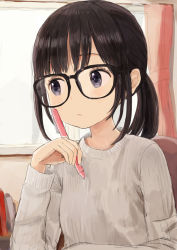 Rule 34 | 1girl, :/, black-framed eyewear, blue eyes, book, brown hair, curtains, expressionless, glasses, holding, holding pen, indoors, long sleeves, looking to the side, nasuna, original, pen, ponytail, sketch, solo, sweater, upper body, window