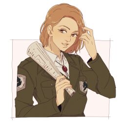 Rule 34 | 1girl, adjusting hair, brown eyes, commentary, english commentary, green jacket, hanpetos, hitch dreyse, holding, holding newspaper, jacket, light brown hair, military police brigade (emblem), military uniform, newspaper, paradis military uniform, parted lips, rolled up newspaper, shingeki no kyojin, smile, solo, uniform, upper body