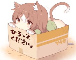 Rule 34 | :&lt;, all fours, animal ear fluff, animal ears, animal hands, ass, blouse, blush stickers, bottomless, box, brown eyes, brown hair, cat ears, cat girl, cat tail, eyes visible through hair, gloves, green shirt, hair between eyes, in box, in container, long hair, looking at viewer, original, paw gloves, shirt, tail, tail raised, translation request, watanon (gakushokutei)