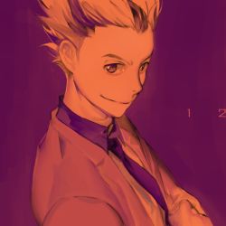 Rule 34 | 1boy, bokuto koutarou, closed mouth, collar, formal, haikyuu!!, jacket, looking at viewer, male focus, multicolored hair, necktie, orka1701, purple background, purple necktie, short hair, simple background, smile, solo, spiked hair, suit, two-tone hair, upper body
