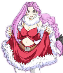 Rule 34 | 00s, 1girl, blush, braid, breasts, brown eyes, christmas, cleavage, clothes lift, fang, fate/stay night, fate (series), glasses, hanafusa itsuki, large breasts, long hair, medusa (fate), medusa (rider) (fate), midriff, pantyhose, purple hair, santa costume, skirt, skirt lift, solo, very long hair, white pantyhose