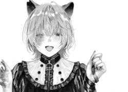 Rule 34 | 1boy, animal ears, asawa (dm owr), blush, bruise, bruise on face, cat ears, frilled shirt, frills, greyscale, highres, injury, looking at viewer, male focus, medium hair, messy hair, monochrome, nail polish, one eye closed, original, parted lips, portrait, ribbon, shirt, simple background, smile, solo, tongue, wrist ribbon, zipper