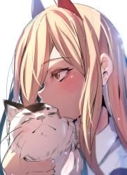 Rule 34 | 1girl, animal, blonde hair, cat, chainsaw man, cross-shaped pupils, highres, hinghoi, horns, licking, light blush, long hair, meowy (chainsaw man), open mouth, portrait, power (chainsaw man), saliva, simple background, solo, symbol-shaped pupils, tongue, tongue out, white background