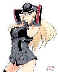Rule 34 | 10s, 1girl, arms behind head, bad id, bad pixiv id, bismarck (kancolle), blonde hair, blue eyes, breasts, colored eyelashes, detached sleeves, female focus, hat, kantai collection, kodera ju, large breasts, long hair, military, military uniform, open mouth, peaked cap, simple background, smile, solo, thighhighs, twitter username, uniform, white background
