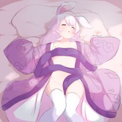 Rule 34 | 1girl, akiyusa, animal ears, babalilo, bed sheet, closed eyes, commentary, commentary request, commission, english commentary, highres, indie virtual youtuber, japanese clothes, kimono, knees together feet apart, lying, mixed-language commentary, naked kimono, obi, on back, on bed, parted lips, pillow, pink kimono, rabbit ears, sash, sleeping, solo, thighhighs, variant set, virtual youtuber, white hair, white thighhighs