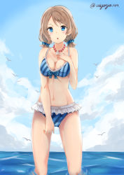Rule 34 | 10s, 1girl, :o, alternate hairstyle, bikini, bird, blue bikini, blue eyes, breasts, brown hair, cleavage, cloud, collarbone, day, diagonal stripes, frilled bikini, frills, hand on own chest, highres, jewelry, kono (uiyoyo199), love live!, love live! school idol festival, love live! sunshine!!, medium breasts, navel, necklace, ocean, open mouth, partially submerged, scrunchie, seagull, seashell, shell, signature, solo, striped bikini, striped clothes, swimsuit, thighs, twintails, twitter username, wading, watanabe you, water