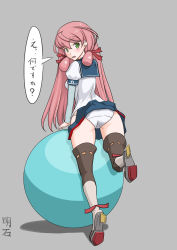 Rule 34 | 1girl, akashi (kancolle), ass, ball, blue sailor collar, blue skirt, blunt tresses, brown thighhighs, character name, commentary request, exercise ball, from behind, green eyes, grey background, hair ribbon, highres, hip vent, kantai collection, long hair, long sleeves, looking at viewer, looking back, panties, pink hair, pleated skirt, ribbon, sailor collar, school uniform, serafuku, skirt, solo, t2r, thighhighs, translation request, tress ribbon, underwear, white panties