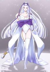 Rule 34 | 1girl, absurdly long hair, angelic layer, bell, breasts, cleavage, collarbone, full body, grey background, japanese clothes, jingle bell, kimono, large breasts, leotard, lipstick, long hair, looking at viewer, makeup, medium breasts, parted lips, purple ribbon, red eyes, red lips, ribbon, shadow, shirahime, signature, solo, thighhighs, very long hair, wachita (8t8t), white hair, white kimono, white leotard, white thighhighs, wide sleeves