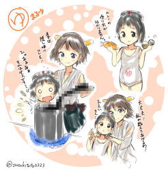 Rule 34 | 10s, 2girls, bare shoulders, black eyes, black hair, black skirt, blue eyes, brown hair, carrot, censored, character name, cooking, detached sleeves, diving mask, diving mask on head, fire, goggles, goggles on head, headgear, hiei (kancolle), kantai collection, maru-yu (kancolle), multiple girls, nontraditional miko, o o, one-piece swimsuit, onion, pleated skirt, pot, school swimsuit, school uniform, short hair, skirt, suzuki toto, suzukitoto0323, swimsuit, translation request, twitter username, wavy mouth, white school swimsuit, white one-piece swimsuit