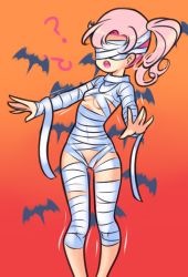 Rule 34 | 1girl, ?, alba (ryuhi), animal, bandages, bat (animal), blindfold, breasts, drantyno, female focus, gradient background, halloween, halloween costume, highres, long hair, mummy, mummy costume, naked bandage, no bra, no panties, open mouth, orange background, pink hair, red background, side ponytail, small breasts, solo, standing, teeth, two-tone background, upper body, wrapped