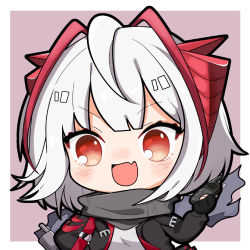 Rule 34 | 1girl, ahoge, arknights, black gloves, black jacket, black scarf, chibi, chinese commentary, demon horns, detonator, fang, fingerless gloves, gloves, grey shirt, holding, holding remote control, horns, jacket, looking at viewer, open clothes, open jacket, open mouth, red eyes, remote control, scarf, shirt, short hair, simple background, skin fang, solo, upper body, w (arknights), white hair, wo bushi zhang xiaojing