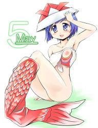 Rule 34 | 1girl, :d, arm up, armpits, blue eyes, blue hair, blush, bottomless, breast slip, breasts, covered erect nipples, dated, flat chest, hat, knees up, kodomo no hi, koinobori, legs, looking at viewer, matching hair/eyes, mermaid, monster girl, nipples, one breast out, open mouth, original, paper hat, paper kabuto, purple eyes, purple hair, see-through, shimanto youta, short hair, simple background, sitting, smile, solo, windsock