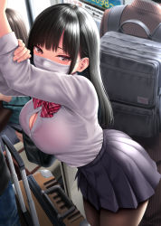Rule 34 | 1girl, backpack, bag, bent over, black hair, black skirt, bow, bowtie, breasts, cleavage, collared shirt, grabbing own arm, grey eyes, kase daiki, large breasts, long hair, long sleeves, looking at viewer, mask, mouth mask, open clothes, original, pantyhose, school uniform, shirt, shirt tucked in, sidelocks, skirt, solo focus, suitcase, surgical mask