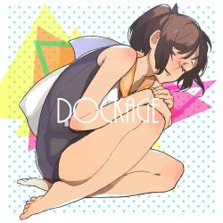 Rule 34 | 1girl, barefoot, brown hair, closed eyes, english text, highres, i-401 (kancolle), kantai collection, one-piece swimsuit, open mouth, orange sailor collar, polka dot, polka dot background, ponytail, sailor collar, school swimsuit, simple background, sleeveless, solo, sukekiyo (skky 0), swimsuit, swimsuit under clothes