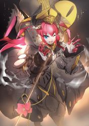 Rule 34 | 1girl, blue eyes, bow, charles babbage (fate), charles babbage (fate) (cosplay), cosplay, dress, elizabeth bathory (fate), fang, fate/grand order, fate (series), hat, highres, horns, mecha eli-chan (fate), microphone, microphone stand, no-kan, one eye closed, pink hair, robot, solo, wings