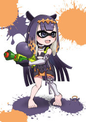 Rule 34 | 1girl, 1other, barefoot, bol factory, dress, flat chest, full body, highres, hololive, hololive english, inkling, inkling girl, inkling player character, ninomae ina&#039;nis, nintendo, painting (action), purple dress, purple eyes, simple background, splatoon (series), standing, takodachi (ninomae ina&#039;nis), thighhighs, virtual youtuber, water gun, white background, white thighhighs